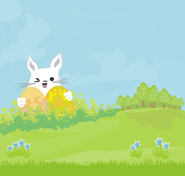 Ілюстрація щасливого великоднього кролика, що носить яйце на сільській місцевості — стоковий вектор