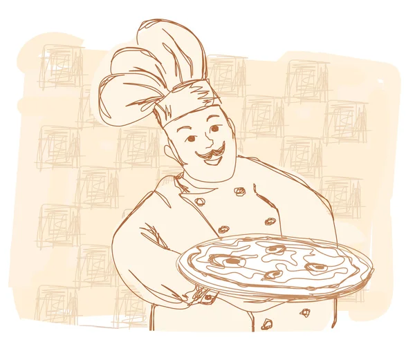Chef com pizza - ilustração doodle —  Vetores de Stock