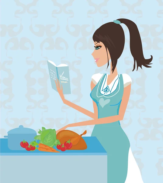 Bella signora con libro di cucina cucina in cucina — Vettoriale Stock