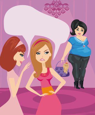 two women gossip about their fat friend clipart