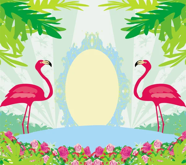 Vintage çerçeve - yeşil palmiyeler ve pembe flamingo