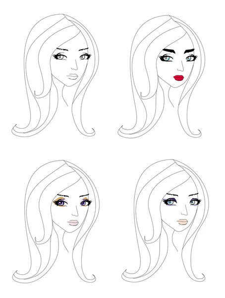 Doodle porträtt av en flicka, olika make-up — Stock vektor