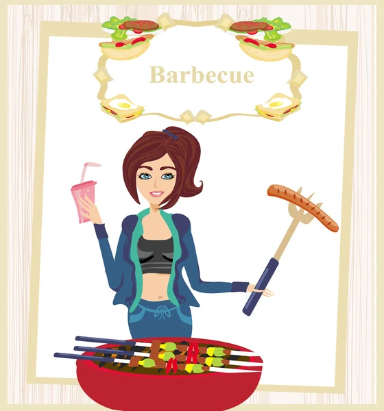 Girl barbecuing meat — Stock Vector