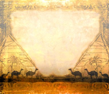 camel caravan in wild africa - abstract grunge frame 