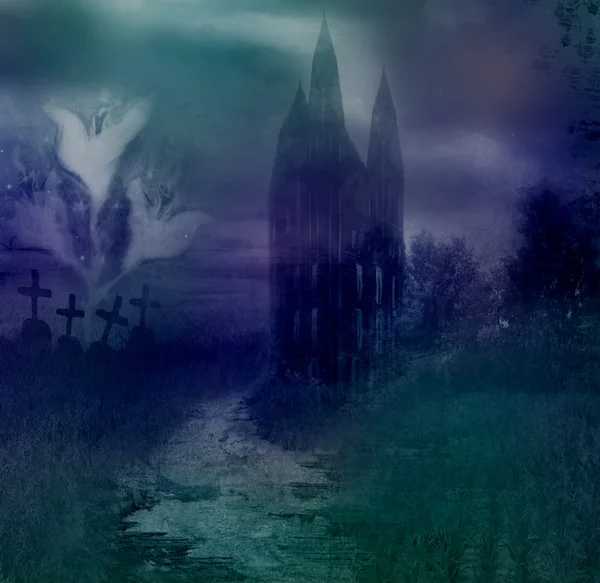 Halloween natt bakgrund - hemsökt hus — Stockfoto