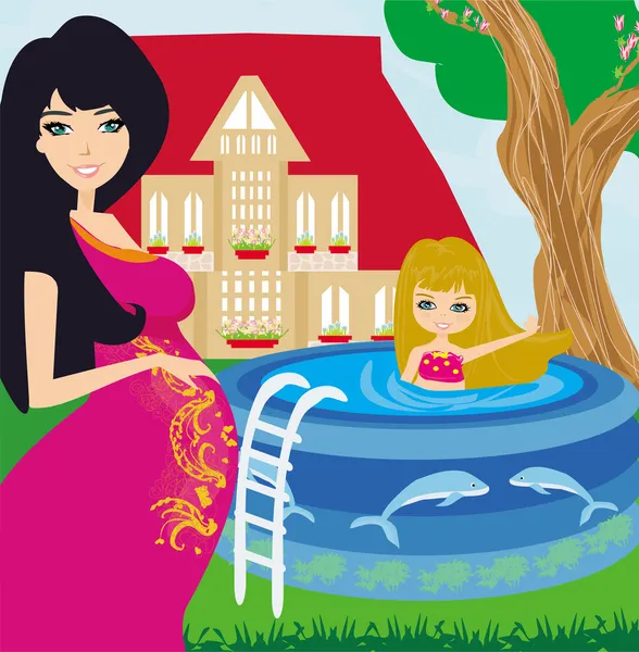 Little girl in outdoor pool and her young pregnant mom — Stock Vector