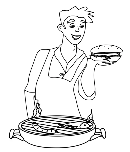 Man koken op zijn barbecue - grappige doodle illustratie — Stockvector