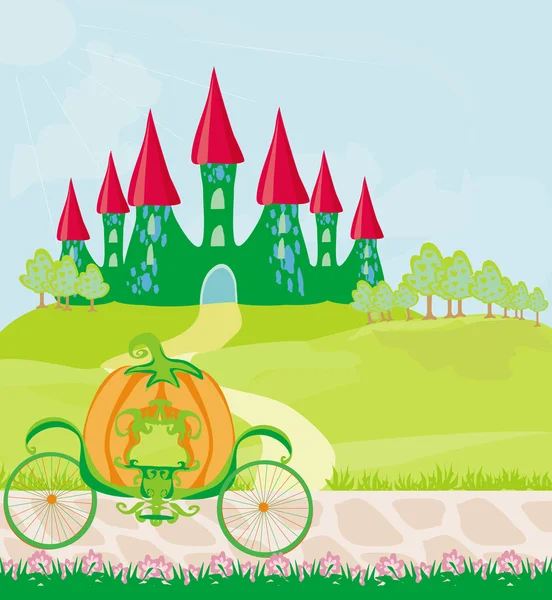 Chariot de citrouille debout devant un château de conte de fées — Image vectorielle
