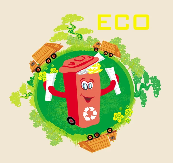 Κόκκινο κάδο ανακύκλωσης με χαρτιά, οικολογία έννοια με τοπίο μια — Διανυσματικό Αρχείο