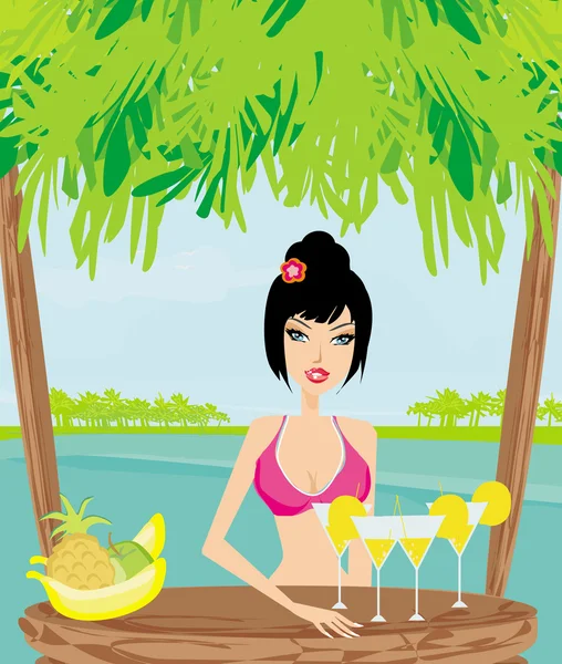 Beautiful young woman at the summer lounge enjoying her fresh co — Stock Vector