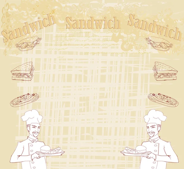 Fondo grunge con sándwich y cocinar — Vector de stock