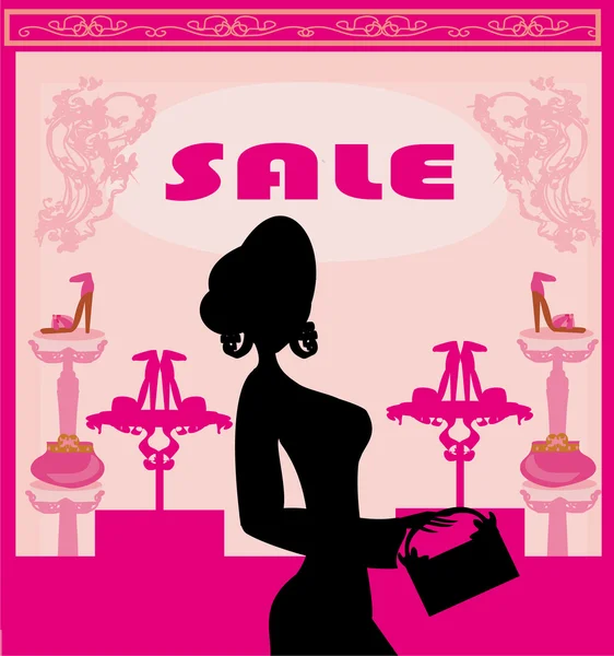 Fashion girl shopping dans la boutique de chaussures, carte de vente abstraite — Image vectorielle