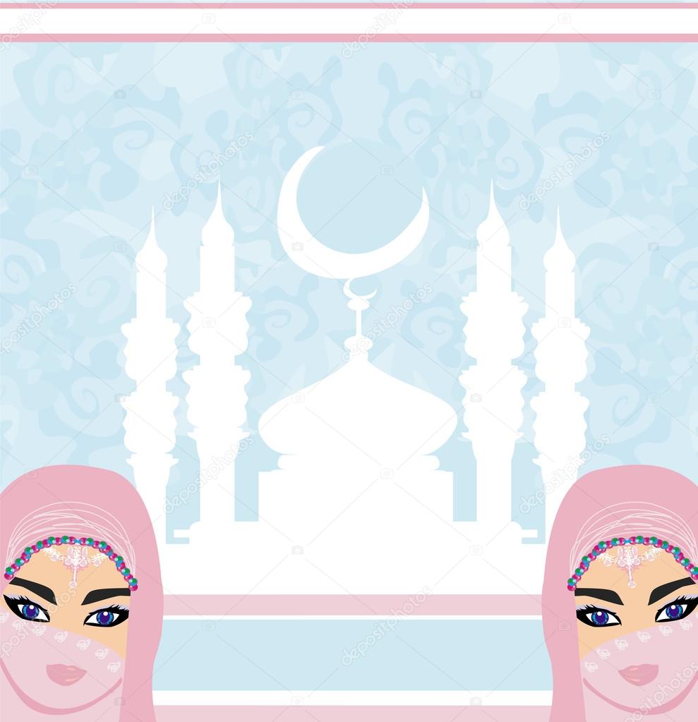 beautiful muslim women on mosque background. 