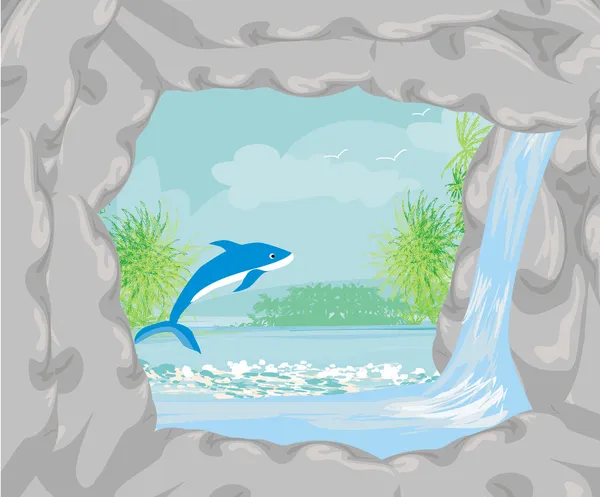 Isla tropical paradisíaca con delfines saltando — Archivo Imágenes Vectoriales