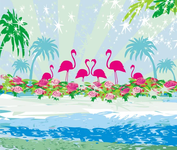 Cartão abstrato com flamingos e natureza — Vetor de Stock