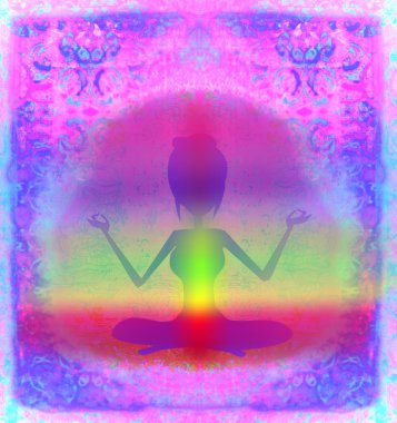  Yoga nilüfer pozu. Renkli çakra noktalı Padmasana. 