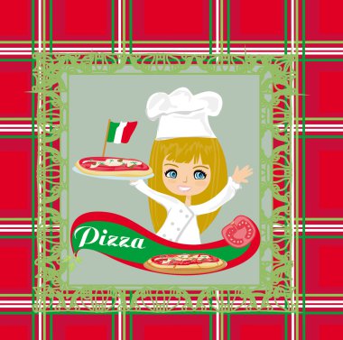 Gülümseyen garson pizza servisi, menü kartı