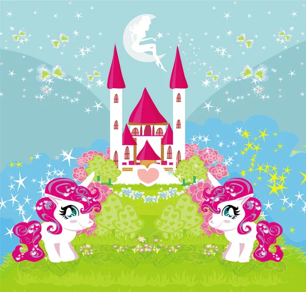 Tarjeta con un lindo unicornios y castillo mágico — Vector de stock