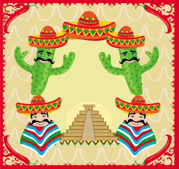 Vector mexican frame with pyramid, cactus and sombrero — Stock Vector