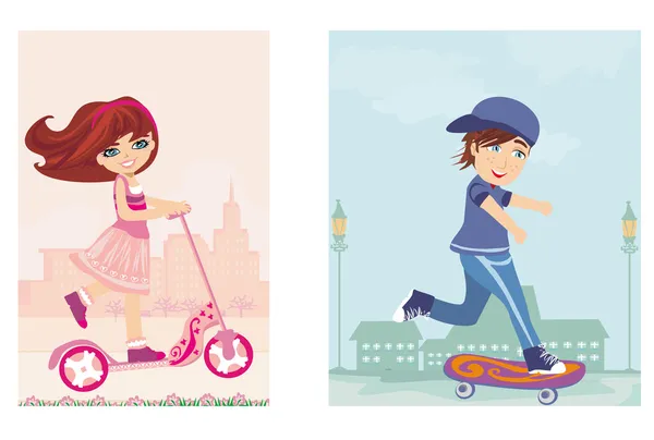 Happy boy on a skateboard and girl on scooter — Stock Vector