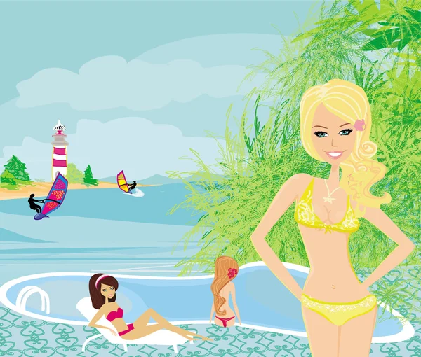 Meninas e piscina tropical — Vetor de Stock