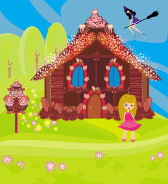 Zencefilli kurabiye evi ve süpürgede bir cadı.