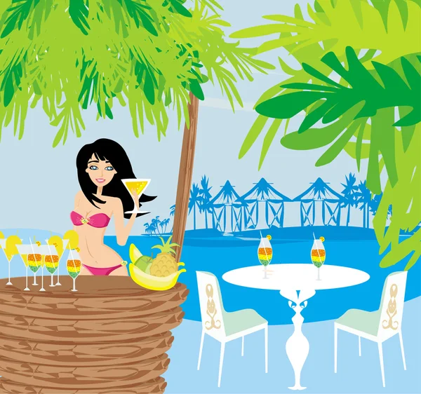 Beautiful young woman at the summer lounge enjoying her fresh co — Stock Vector