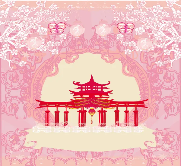 Abstract card with Asian buildings , vintage frame — Stock Vector