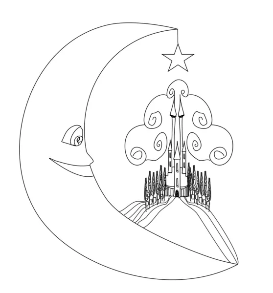 Castillo medieval y luna sonriente ilustración dibujo a mano — Archivo Imágenes Vectoriales