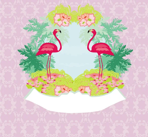 Vintage-Rahmen - grüne Palmen und rosa Flamingo — Stockvektor