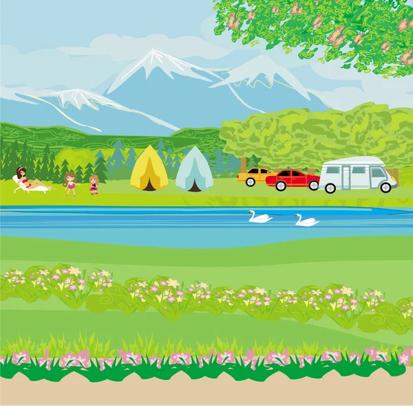 Camping en el sol de la mañana — Vector de stock