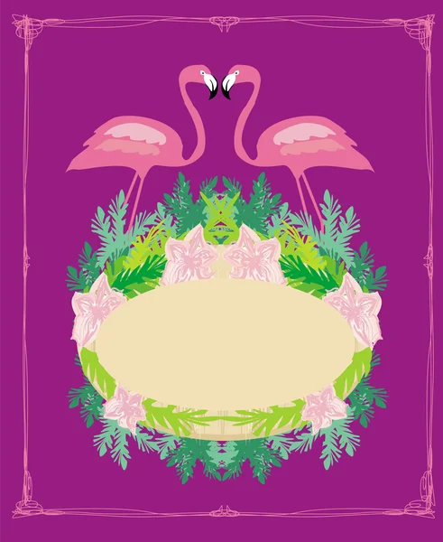 Винтажная рамка - зеленые ладони и розовый фламинго — стоковый вектор