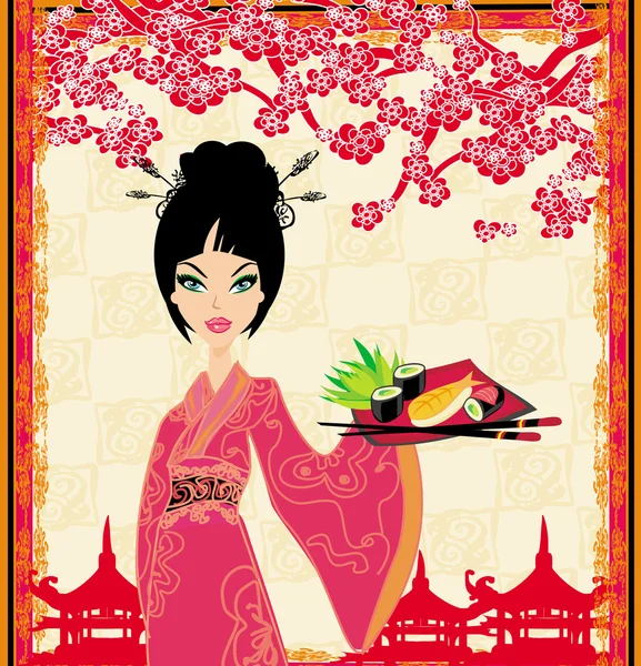 Traditional japanese pretty girl serves sushi. — Stock Vector