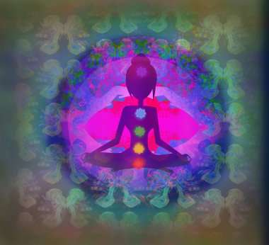  Yoga nilüfer pozu. Renkli çakra noktalı Padmasana. 