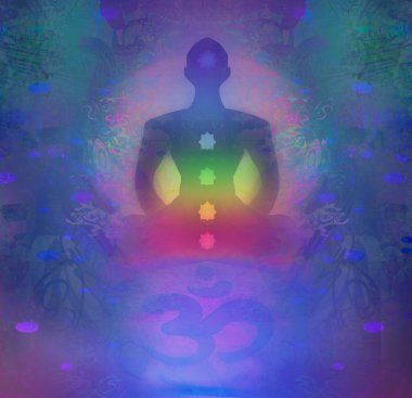 Yoga nilüfer pozu. Renkli çakra noktalı Padmasana. 