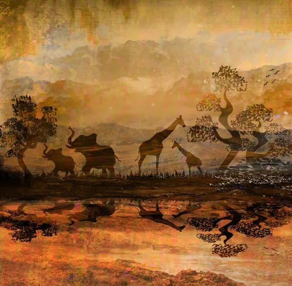 Safari στην Αφρική σιλουέτα των άγριων ζώων αντανάκλαση στο νερό — Φωτογραφία Αρχείου