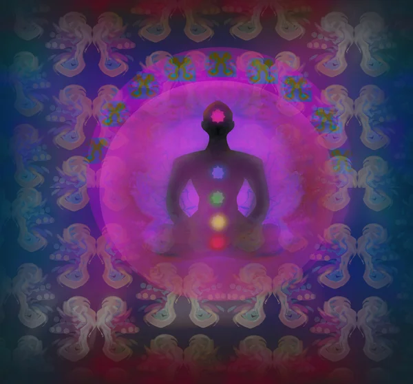 Pose de lotus de yoga. Padmasana avec des points de chakra colorés. — Photo