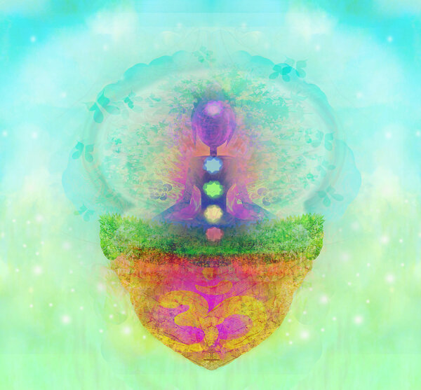  Поза йоги лотоса. Падмасана с цветными точками чакры. 