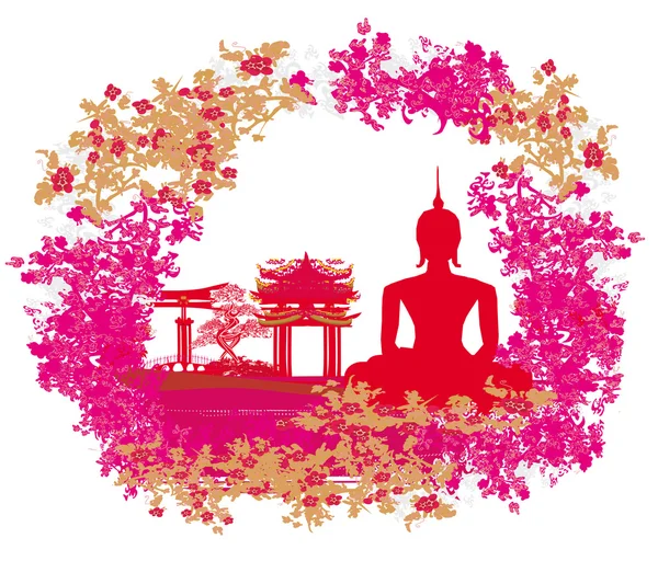 Silhouette of a Buddha,Asian landscape in grunge texture — Stock Vector