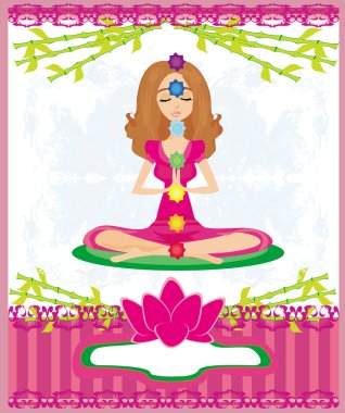 Yoga nilüfer pozu. Renkli çakra noktalı Padmasana. 