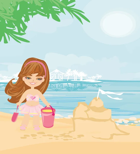 Klein meisje op tropisch strand maken zand kasteel — Stockvector