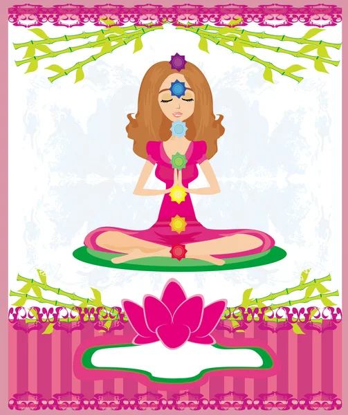 Yoga lotus pozează. Padmasana cu puncte de chakra colorate . — Vector de stoc