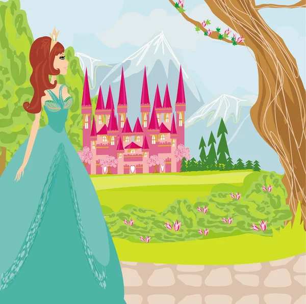 Красивая маленькая принцесса перед своим замком — стоковый вектор