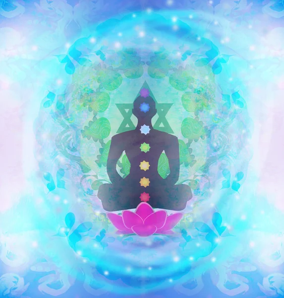 Pose de lotus de yoga. Padmasana avec des points de chakra colorés. — Photo