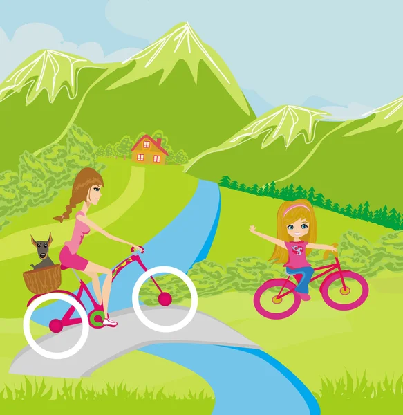 Madre e hija en bicicleta en el parque — Vector de stock