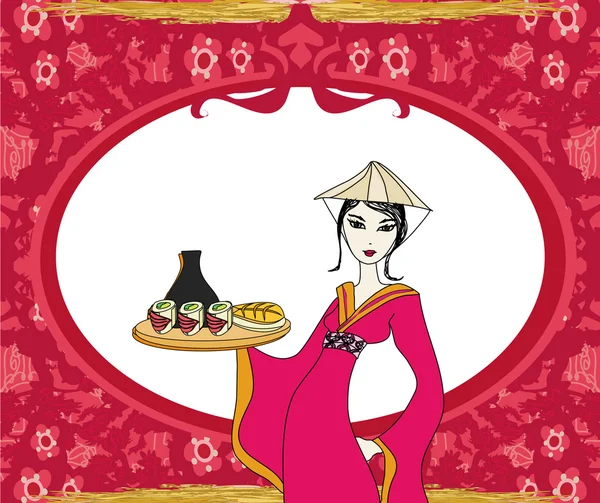 Cadre abstrait avec sushi et geisha — Image vectorielle