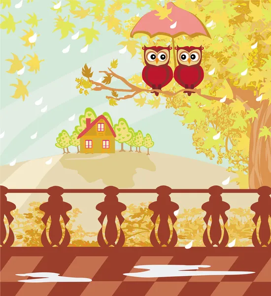 Owls couple under umbrella, autumn day Stock Illustration