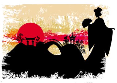 Asyalı kızla olan grunge soyut manzara 