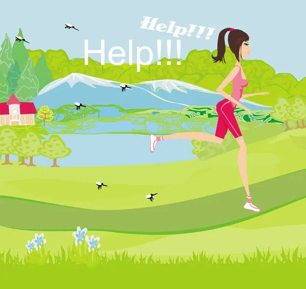 Girl runs away from mosquitoes — Stock Vector