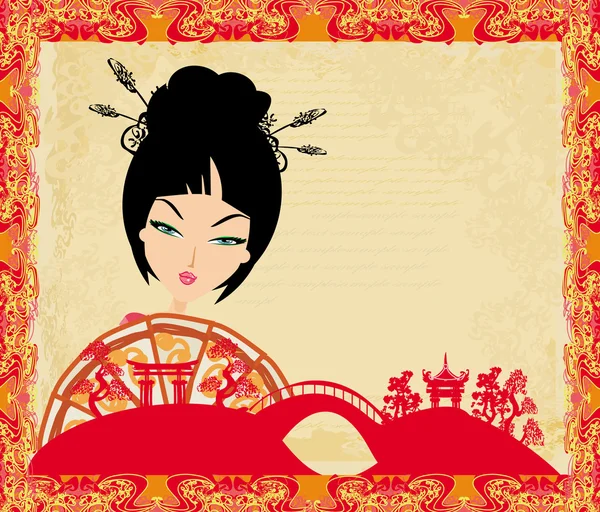 Attractive asian woman holding traditional fan — Stock Vector